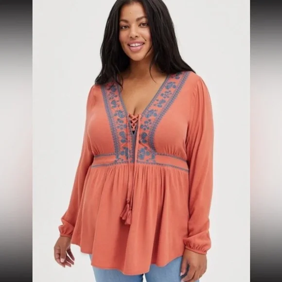 Torrid Lace Up Long Sleeve Blouse - Picture 1 of 7